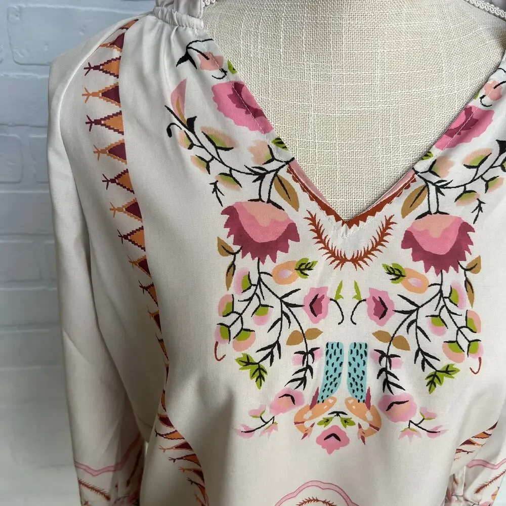 Boho Boutique Women's Tan Western Floral Print Peasant Top Blouse -sz S - Picture 3 of 6